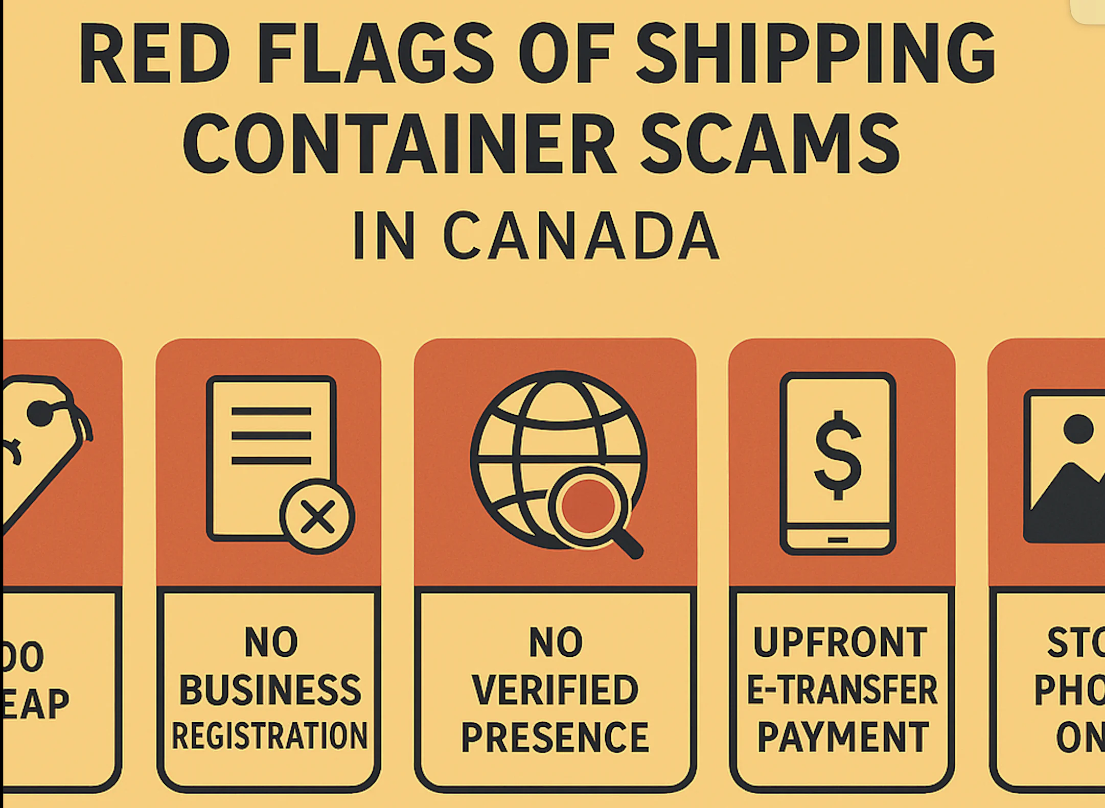 Flat-design graphic highlighting five key red flags of shipping container scams in Canada, with icons and captions such as unrealistically low prices, no business registration, and lack of verified reviews, set against a bright yellow background.